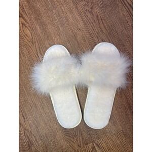 Fur Story Cream Faux Fur Slide Slippers Open Toe House Shoes Size 44/45